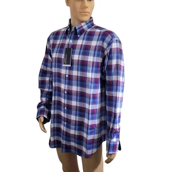 Roundtree & Yorke Other - Roundtree Yorke Men's Shirt Size XL Pinpoint Oxford Berry Blue Plaid 33